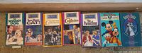 Front view of seven vintage Disney VHS tapes arranged side by side on carpet showing front cover art and titles: The Shaggy Dog, That Darn Cat!, In Search of the Castaways, Candleshoe, The Parent Trap, Mickey Mouse animated tape, and Robin Hood animated tape.
