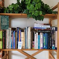Bookshelf with multiple books primarily travel, gardening, and autobiographies.