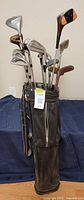 Full view of the golf bag with clubs inside, showing condition and quantity.