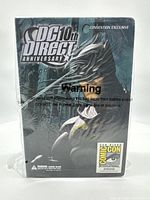 Front view of sealed DC Direct Batman 10th Anniversary action figure box showing artwork, branding, warnings, and Comic Con 2008 logo.