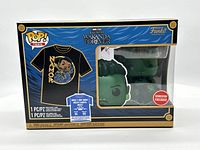 Front view of sealed box containing black XL Namor T-shirt and Namor bobble-head figure from Funko Pop! Marvel Black Panther Wakanda Forever series