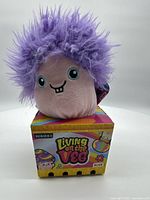 Front view of Romy plush toy on its Living on the Veg Series 1 colorful box, showing facial details and overall look.