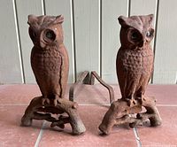 Front view of pair showing rusted cast iron owl design and glass eyes