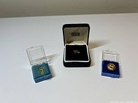 Overview of three lapel pins displayed on a flat surface: a skeleton key pin, a Pierre Cardin initial pin in a black Swank box, and a gold tone pin in a blue display case.