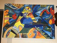 Full view of abstract expressionist/cubist painting on canvas with vibrant colors and abstract anthropomorphic central figure with other elements.