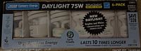 Front view of the original retail packaging showing 6-pack of daylight 75W compact fluorescent light bulbs with energy saving and earth friendly labels.