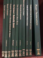 Photo showing the spines of 10 hardcover Garden Club encyclopedias lined up vertically, titles clearly visible for identification.
