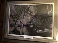Framed nature print showing loons on water with rocky cliffs and greenery, approximately 2x3 feet.
