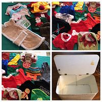 Four-panel collage showing various small dog clothes including a Sherpa coat, multiple colorful holiday and costume T-shirts, bandannas, hats, booties and a white chest for storage.
