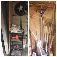 Photo showing assorted yard tools including rakes, shovels, clippers, and an orange electric trimmer without its power cord, plus a black 3-shelf metal stand with cloth and small parts.