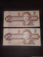 Front side of two Canadian 2 dollar banknotes showing Queen Elizabeth II portrait and denominations with different signature lines.