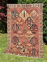 Full front view of the rug displayed outdoors on grass