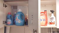 Two photos showing open cabinet with laundry and cleaning supplies including Fleecy, Downy, Tide, and Ant spray.