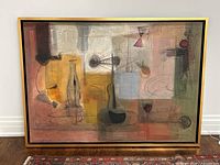 Full view of abstract oil painting with gold frame