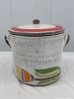 Front view showing hand-incised 'Salsa Siciliana' recipe text and painted vegetable motif.