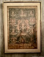 Front view of framed Thangka painting showing full composition under glass