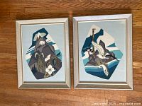 Two framed silkscreen prints by Thor Hansen displayed on floor showing both images: one with bighorn ram and mountain goat among mountains and flowers; the other with salmon, sea eagle, and totem pole.