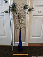 Full view of tall blue glass vase holding peacock feathers with tape measure for scale about 30 inches tall