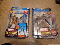 Front view of Wolverine and Gambit Marvel Legends action figures in original unopened packaging, showing character poses and packaging labels.