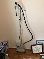 Full view of original Jiffy clothes steamer showing grey base, telescoping support rod, black hose, and steam head.