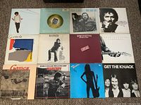 Full view of all 12 album covers arranged on carpeted floor showing condition and titles