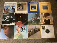 Full view of 12 LPs laid on carpet floor, showing album covers with various artists including Jerry Lee Lewis, Jo Jo Gunne, Joan Armatrading, and others.