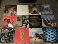 Top-down photo showing all 12 vinyl LP records arranged in a grid on carpet.