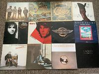 Photo showing all 12 LP covers arranged in a grid, including The Doors, Chicago, Grace Jones, Eagles, Doobie Brothers, Melissa Etheridge, Greg Adams.