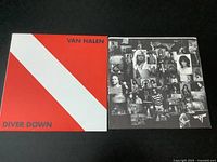 Front and inner sleeve of Van Halen 'Diver Down' vinyl album showing cover artwork and photo collage of band members.