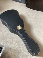 Closed black hardshell guitar case on carpet