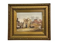 Front view of the framed watercolor painting showing detailed cityscape scene with prominent historic buildings.