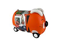 Photo of the orange tiger-themed rolling case from the side, showing tiger stripes, ears, wheels, and packaging label.