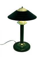 Front view of dark green desk/table lamp showing stepped conical shade, brass-tone accents, and circular base.