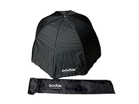 Black Godox umbrella style softbox for photography with carrying bag next to it, showing front and side views.