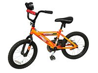 Side view of Hot Wheels youth bicycle with orange frame, black tires, and red handle grips showing front and rear assembly.