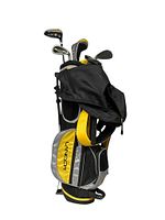 Full view of the black and yellow Lancer branded golf bag with clubs inside, showing bag stand and some club portions.