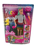 Full packaging front photo of Barbie Leopard Rainbow Hair Doll with color-changing hair and accessories in box.
