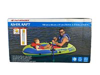 Box front showing Pathfinder River Raft branding with image of raft and two people using it on water, and raft dimensions.
