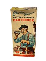 Front side of the original box showing the illustration of Charley Weaver bartender shaking a cocktail, with product name and branding.