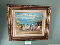 Full view of framed oil painting showing Victorian-era figures outdoors near waterfront buildings under a cloudy sky.