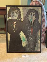 Full front view of painting showing two figures in black wood frame