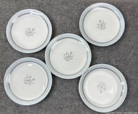Set of five Noritake bread plates laid out on a gray surface, showing overall pattern and condition.