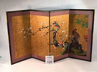 Full view of the four-panel folding screen featuring the cherry blossom tree and pheasant against textured gold paper.