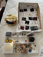 Overall view of jewelry assortment with pouches and organizer tray