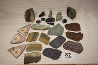 Collection of 22 assorted polished and rough mineral specimens arranged on a white surface including slice cuts, rough chunks, and geode pieces.