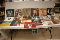 Overview of 20 vinyl albums spread out on a white cloth-covered surface, showing front covers and revealing a variety of artists and album artwork styles.