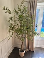 Full view of artificial olive tree in pot by window