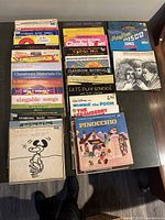 Top view of the vintage children's vinyl record collection showing titles from Charlie Brown, Walt Disney, and educational series with colorful, illustrated covers.