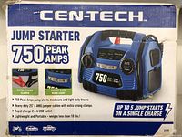 Photo of the front side of the Cen-Tech jump starter packaging highlighting 750 peak amps, strong clamps, 3 LED work light, and portability features.
