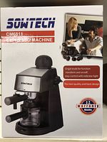 Front of the SOWTECH CM6811 espresso machine box showing brand, model, and features including single knob control, indicator light, and 12 months warranty.